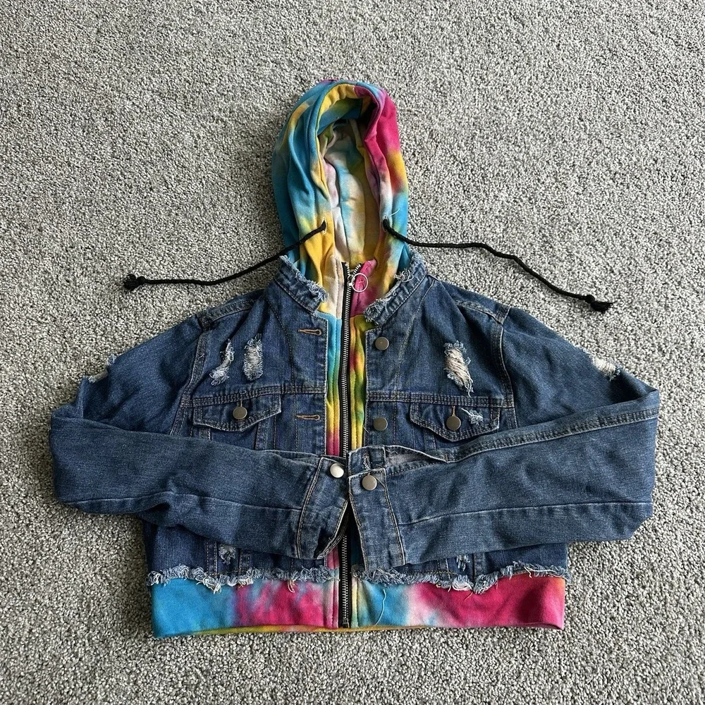 American Bazi Hooded‎ Denim women Jacket With Tie-Dye Trim cropped distressed